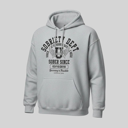 Sobriety Dept Recovery Hoodie flat lay styled image (view 23)