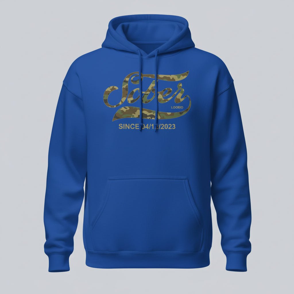 Sober Since Camo Recovery Hoodie flat lay styled image (view 43)