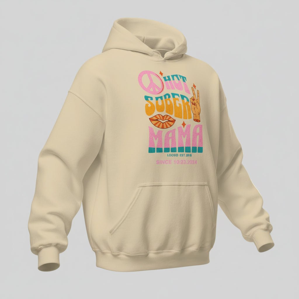 Hot Sober Mama Recovery Hoodie flat lay styled image (view 33)