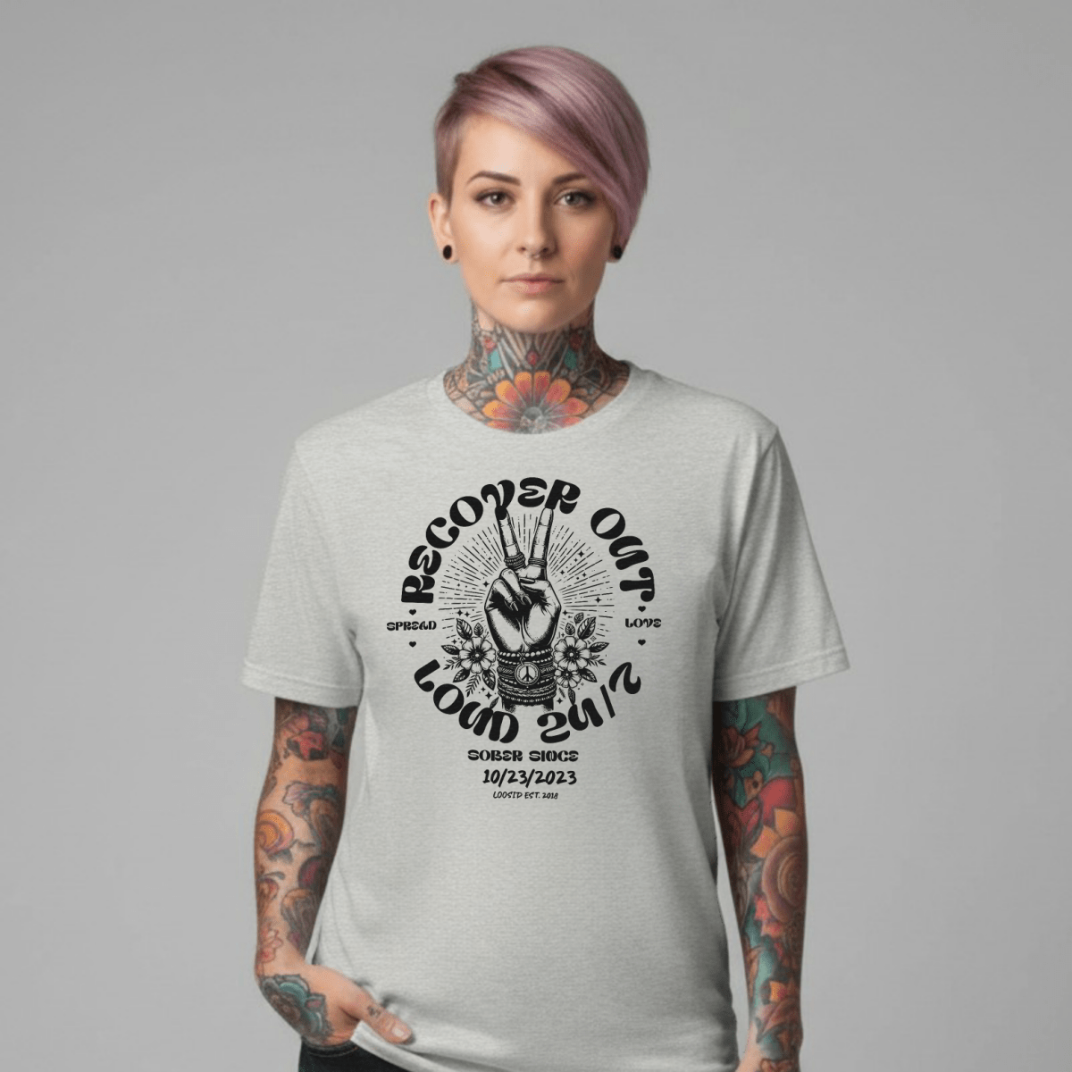 Recover Out Loud Sober T Shirt flat lay styled image (view 13)
