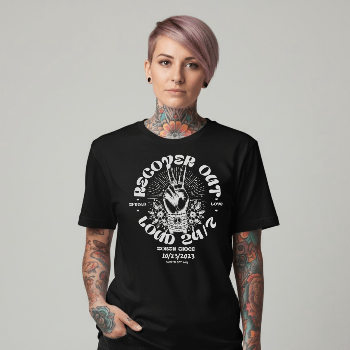 Recover Out Loud Sober T Shirt back view (view 7)