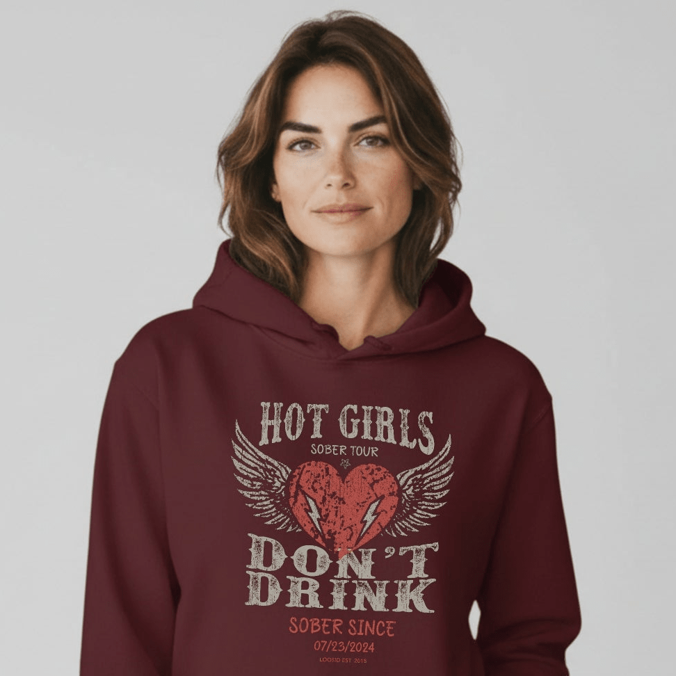Hot Girls Don't Drink Custom Sobriety Date Recovery Hoodie packaging detail (view 28)