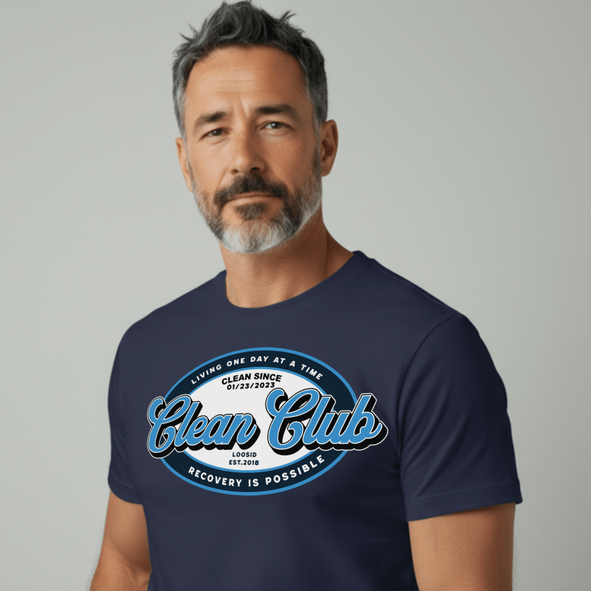 Clean Club Badge Unisex with Custom Recovery Sober T Shirt close-up view (view 12)