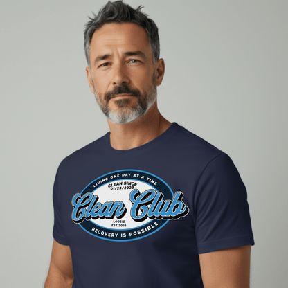 Clean Club Badge Unisex with Custom Recovery Sober T Shirt close-up view (view 12)