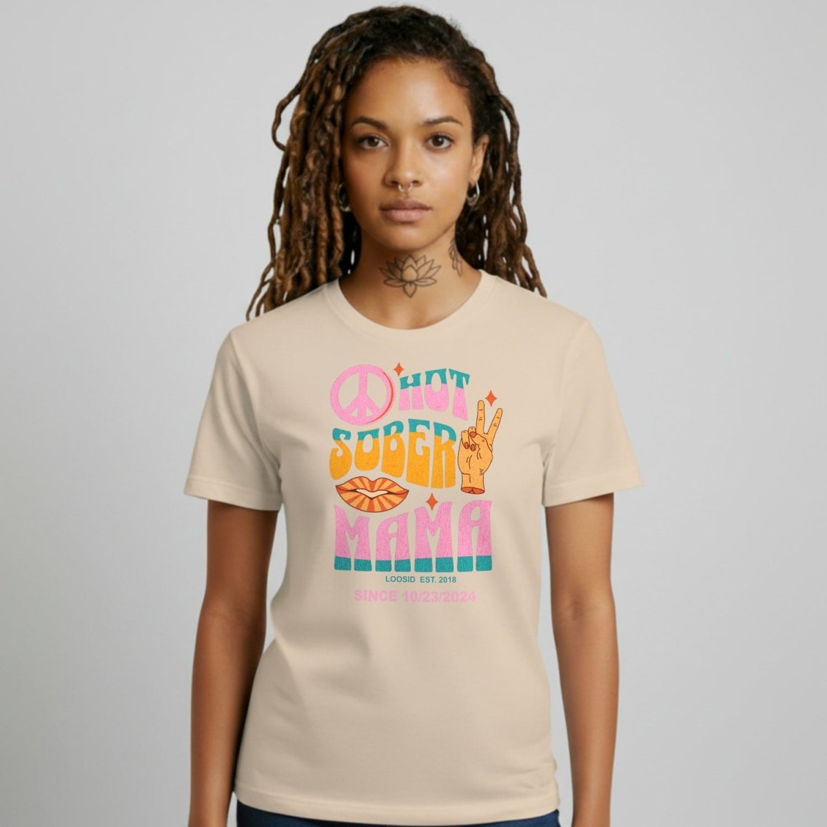 Hot Sober Mama Sober T Shirt flat lay styled image (view 23)