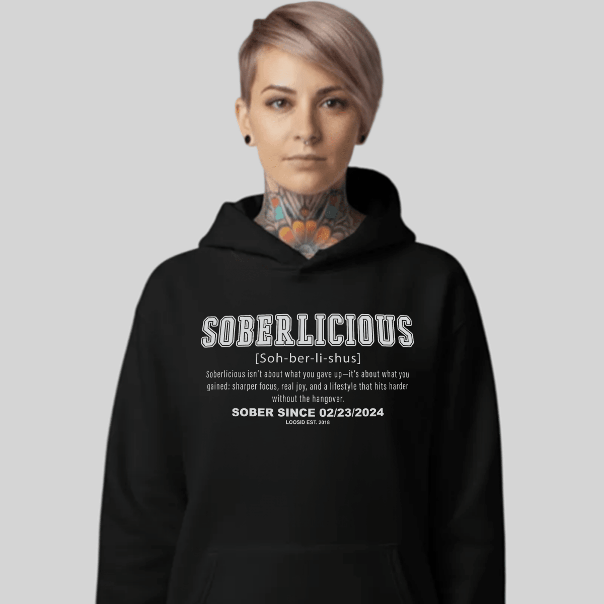 Soberlicious Definition Hoodie w Custom Sobriety Date Recovery Hoodie flat lay styled image (view 3)