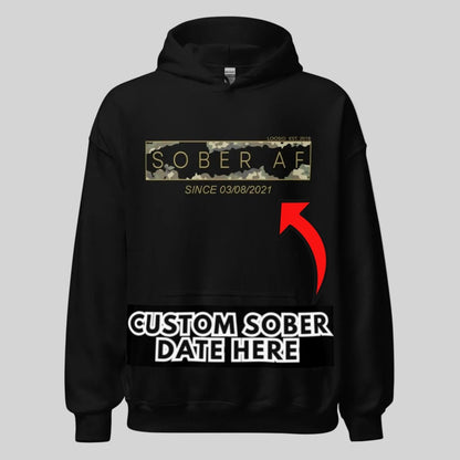 Sober AF Camo Recovery Hoodie flat lay styled image (view 3)