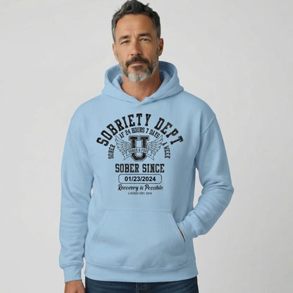 Sobriety Dept Recovery Hoodie flat lay styled image (view 43)