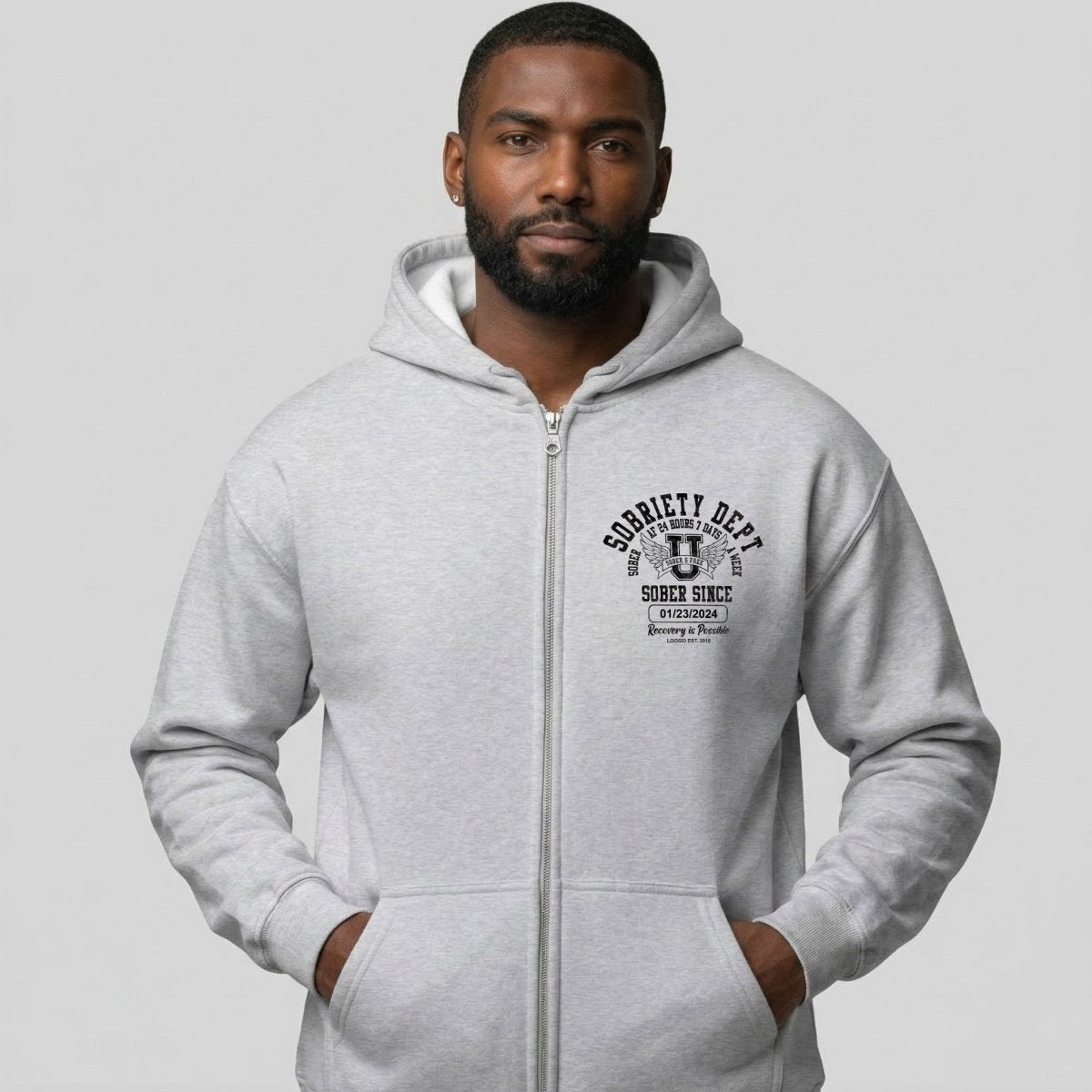Sobriety Dept 24 7 Zip Recovery Hoodie lifestyle view (view 5)