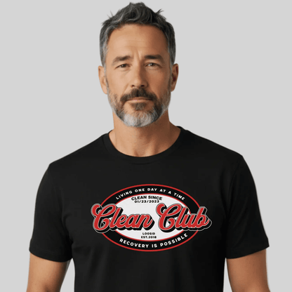 Loosid Clean Club Badge Unisex with Custom Recovery Sober T Shirt featuring the design