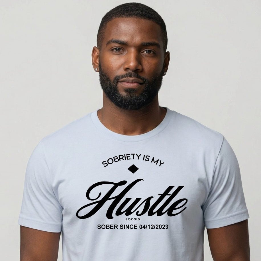 Hustle Men's Relaxed w Personalize Sober Date Sober T Shirt graphic detail (view 24)