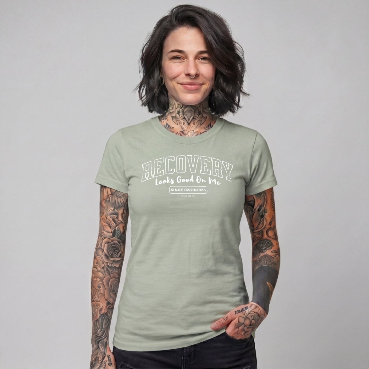 Recovery Looks Good On Me Women garment dyed Sober T Shirt close-up view (view 22)