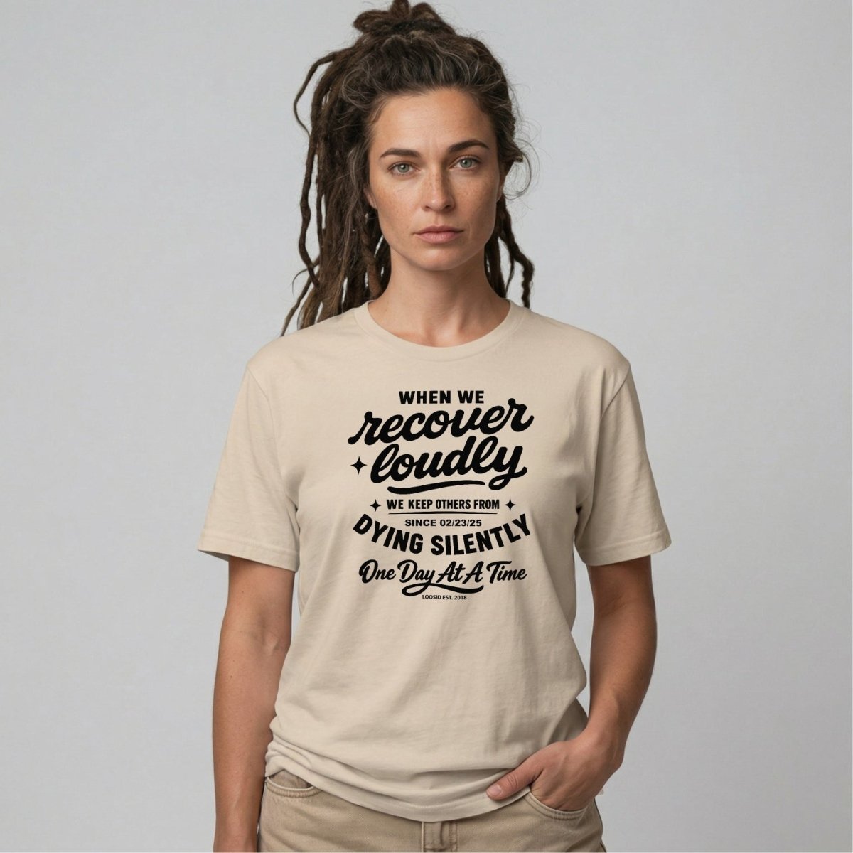 When we recover loudly women Sober T Shirt flat lay styled image (view 13)