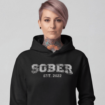 Sober Est. Hoodie w Personalized Sobriety Year Recovery Hoodie close-up view (view 2)