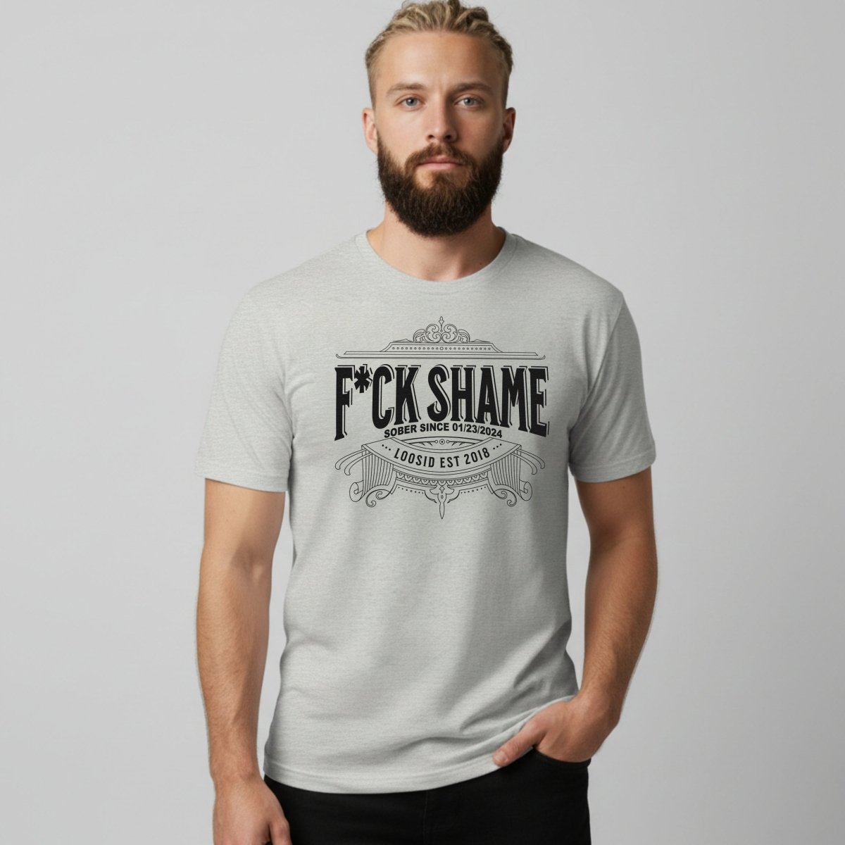 F*ck Shame Sober T Shirt flat lay styled image (view 13)