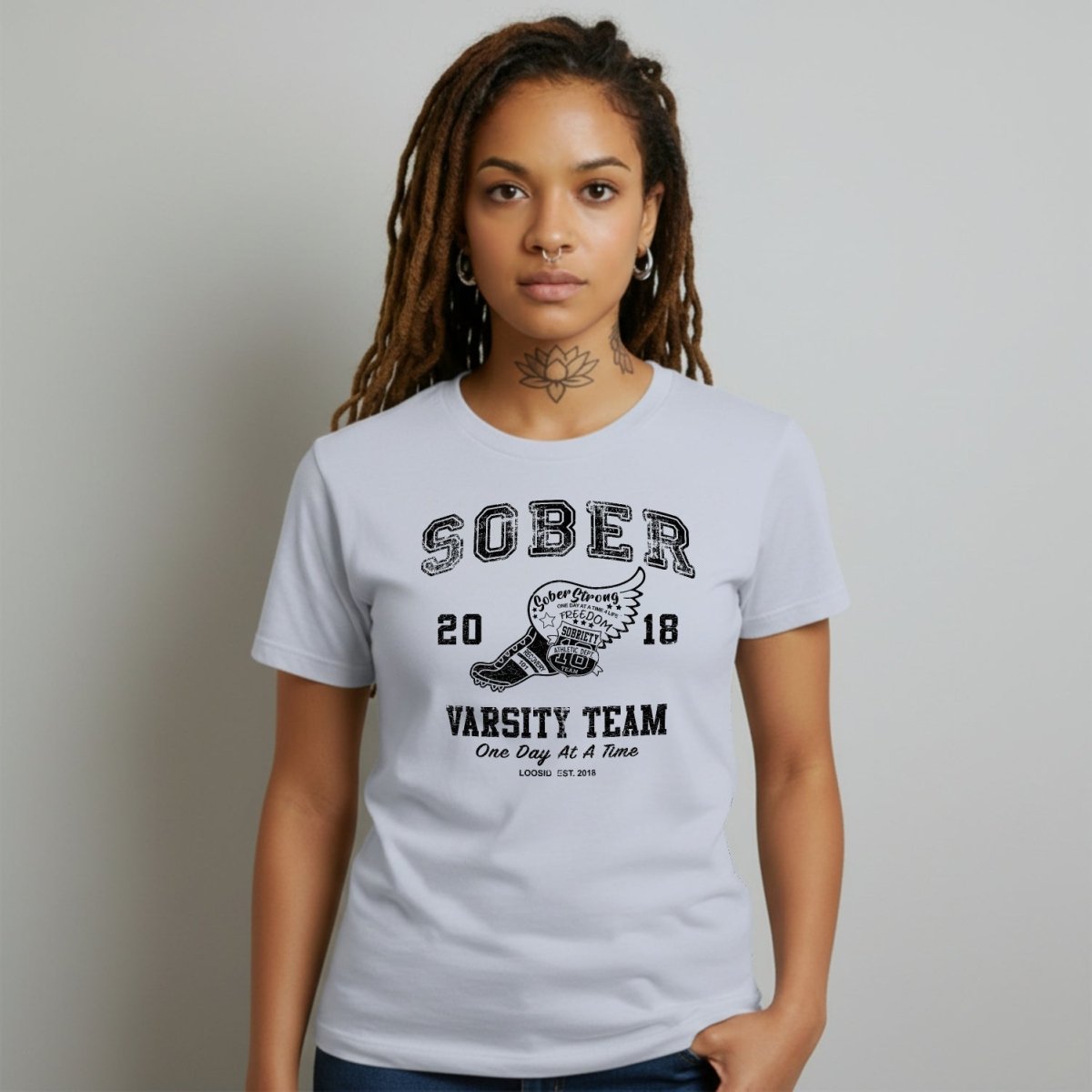 Sober Varsity Team Sober T Shirt flat lay styled image (view 13)