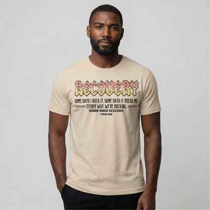 Recovery Rock Sober T Shirt flat lay styled image (view 23)
