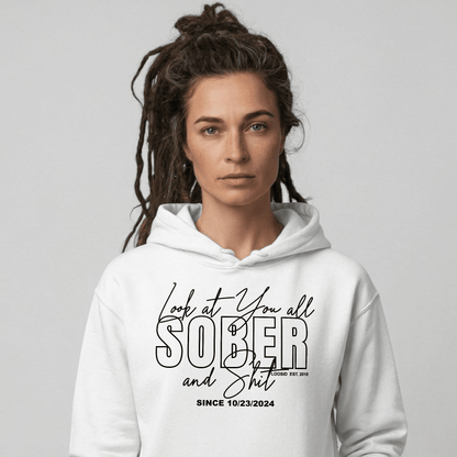 Look at You Sober Recovery Hoodie flat lay styled image (view 23)