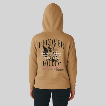 Recover Loudly Tan Recovery Hoodie Limited Edition Recovery Hoodie graphic detail (view 4)