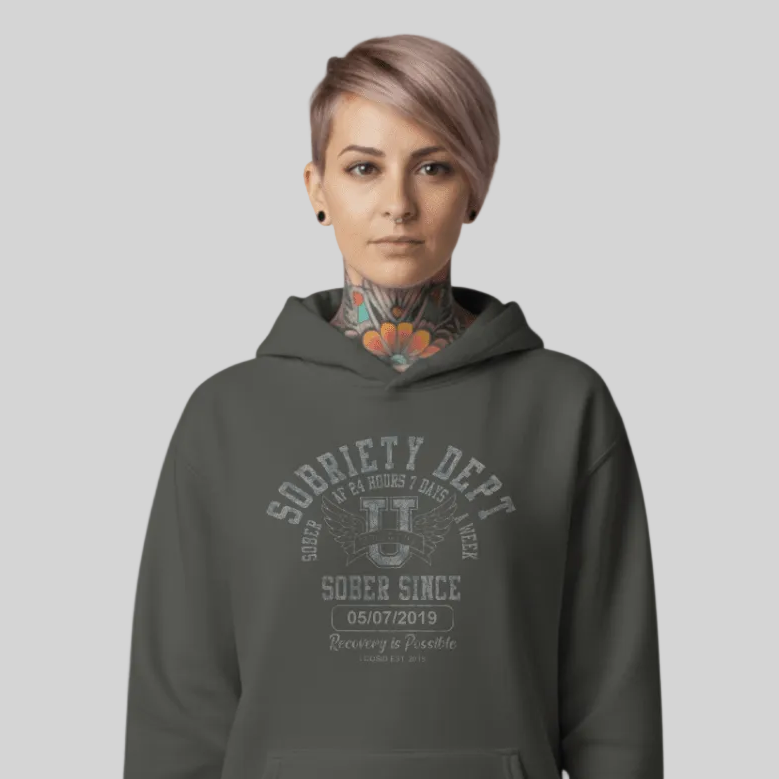Sobriety Dept Recovery Hoodie flat lay styled image (view 13)