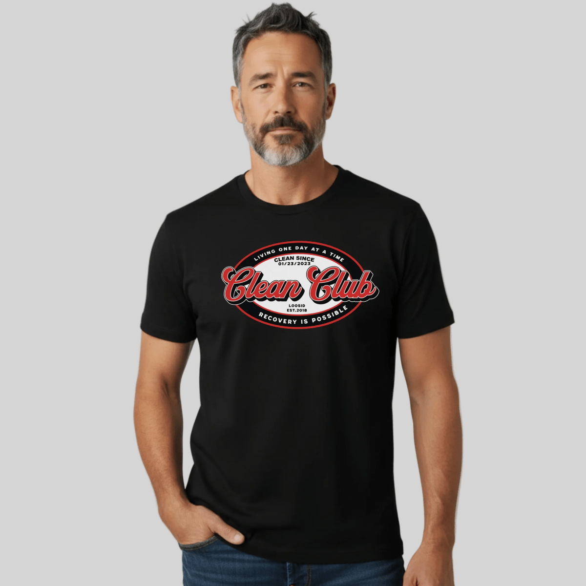 Clean Club Badge Unisex with Custom Recovery Sober T Shirt graphic detail (view 4)