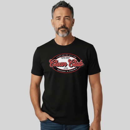 Clean Club Badge Unisex with Custom Recovery Sober T Shirt graphic detail (view 4)