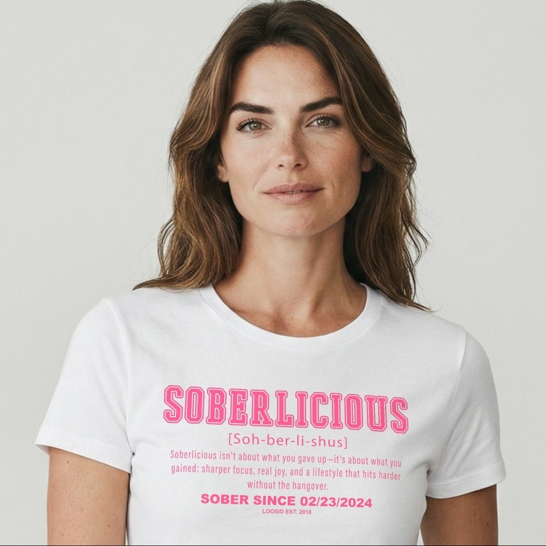 Soberlicious Definition w Custom Sobriety Date Sober T Shirt fit detail (view 9)