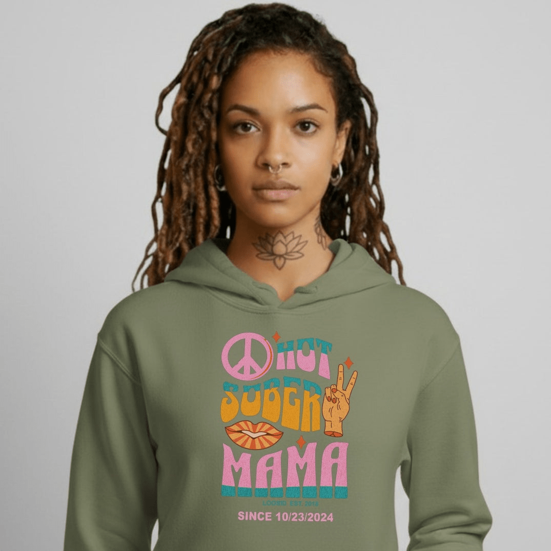 Hot Sober Mama Recovery Hoodie flat lay styled image (view 23)