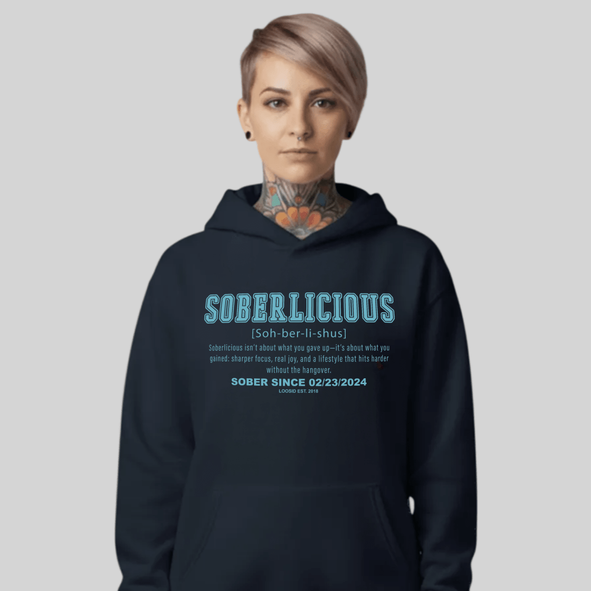 Soberlicious Definition Hoodie w Custom Sobriety Date Recovery Hoodie fit detail (view 19)