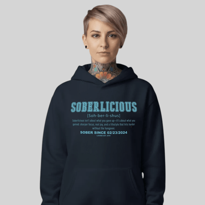 Soberlicious Definition Hoodie w Custom Sobriety Date Recovery Hoodie fit detail (view 19)