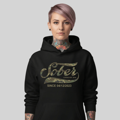 Sober Since Camo Recovery Hoodie flat lay styled image (view 3)