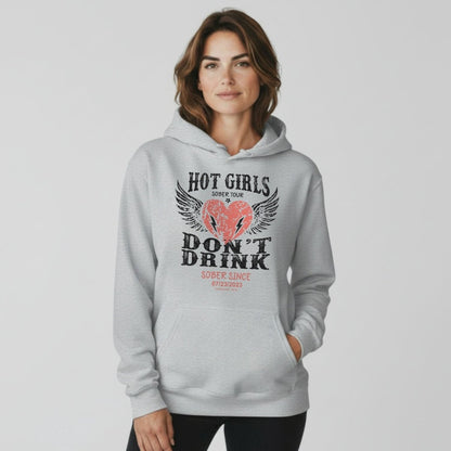 Hot Girls Don't Drink Custom Sobriety Date Recovery Hoodie close-up view (view 22)