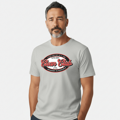 Clean Club Badge Unisex with Custom Recovery Sober T Shirt lifestyle view (view 25)