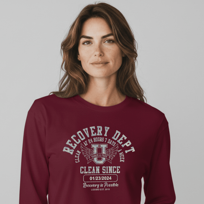 Recovery Dept 24 7 Long Sleeve Sober T Shirt flat lay styled image (view 13)