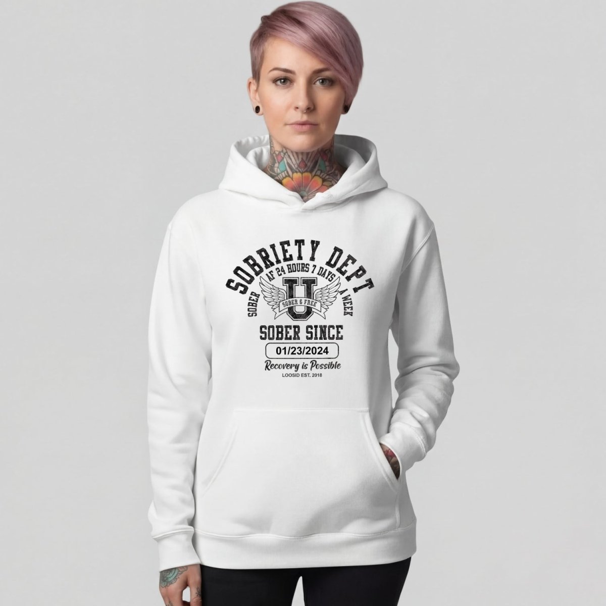 Sobriety Dept Recovery Hoodie side view (view 6)