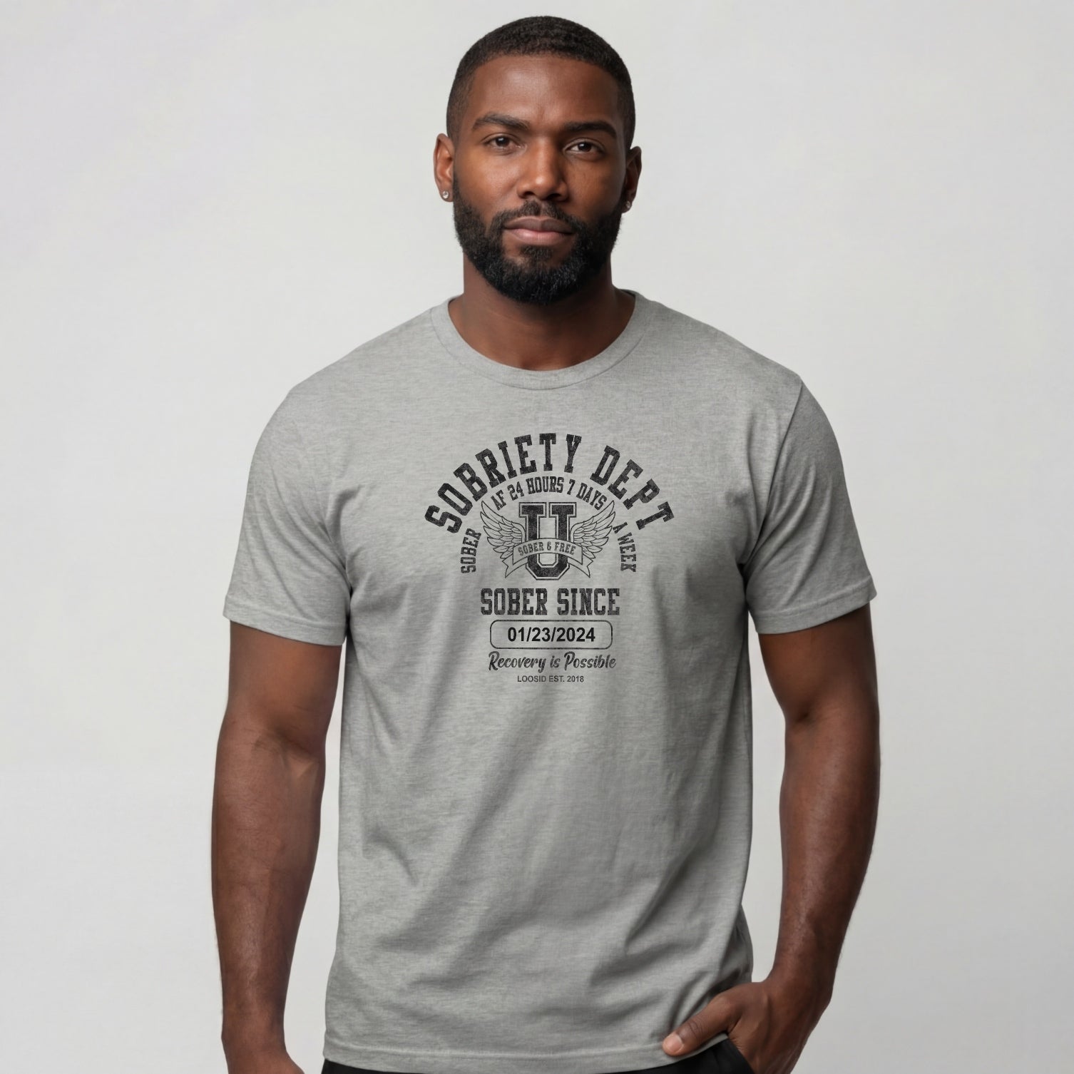 Sobriety Dept Men's T-Shirt with Custom Sobriety Date