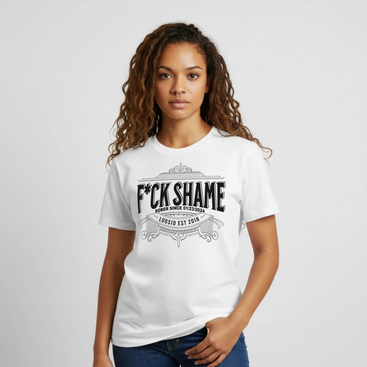 F*ck Shame Sober T Shirt flat lay styled image (view 23)