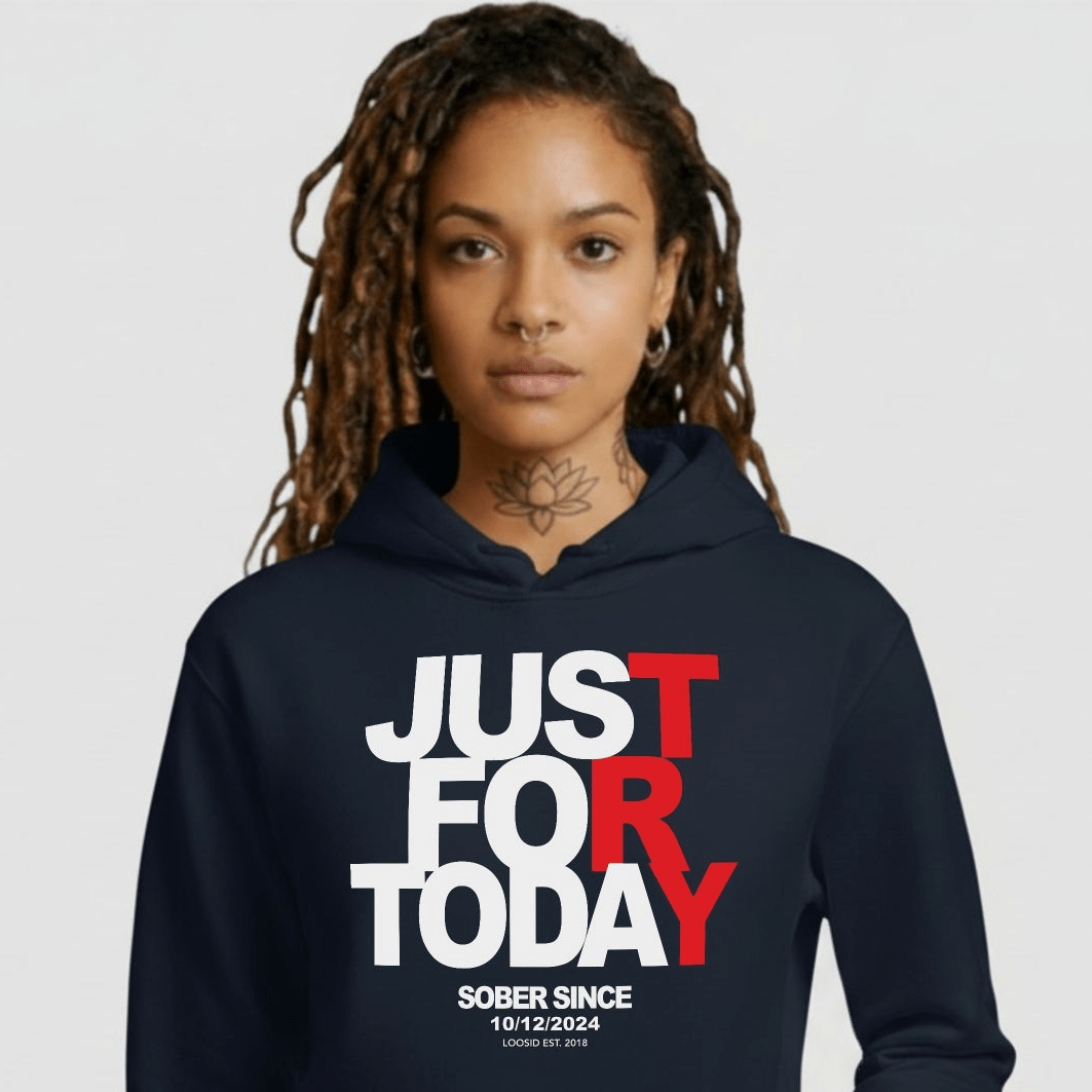 Just For Today Women's Custom Sobriety Date Recovery Hoodie fit detail (view 9)