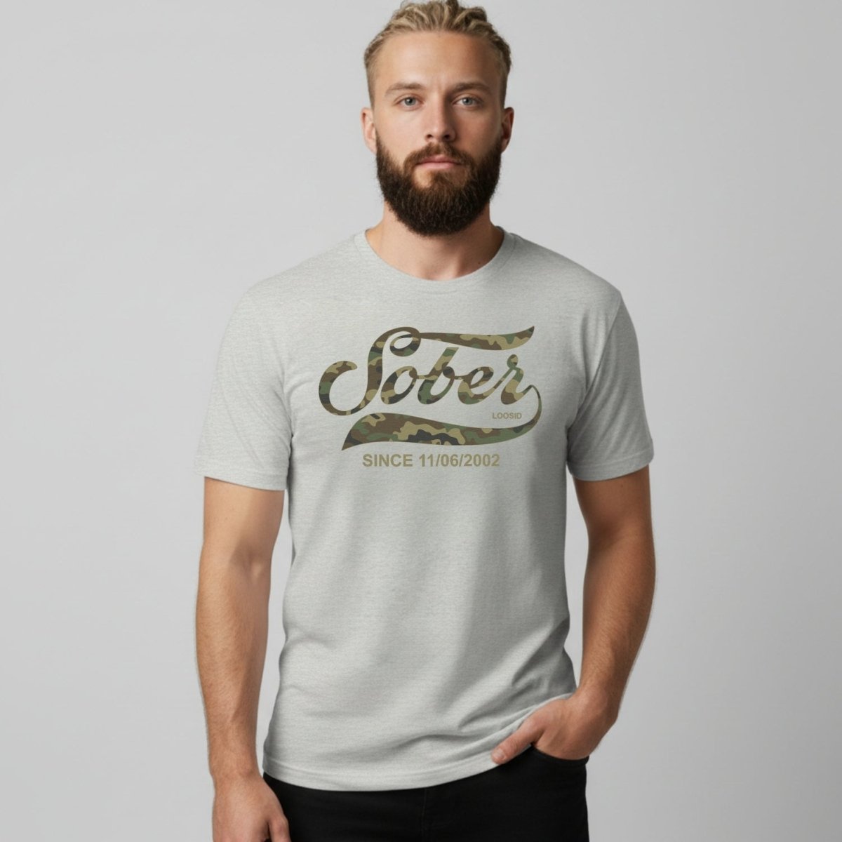 Sober Since Camo Sober T Shirt flat lay styled image (view 13)