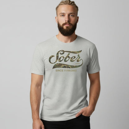 Sober Since Camo Sober T Shirt flat lay styled image (view 13)