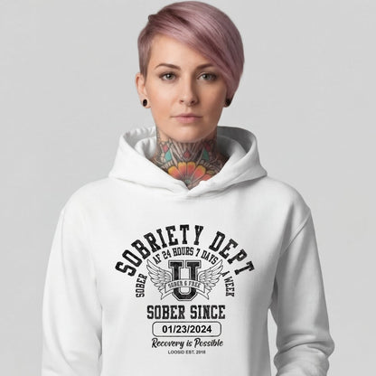 Sobriety Dept Recovery Hoodie close-up view (view 2)