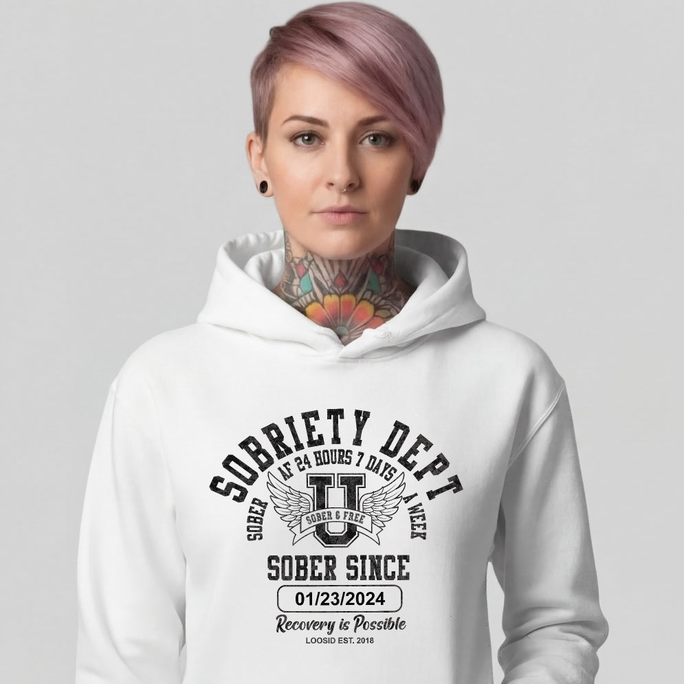Sobriety Dept Recovery Hoodie close-up view (view 2)