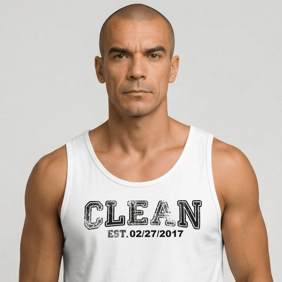 Clean Men's W Personalize Recovery Date Sober Tank Top packaging detail (view 18)