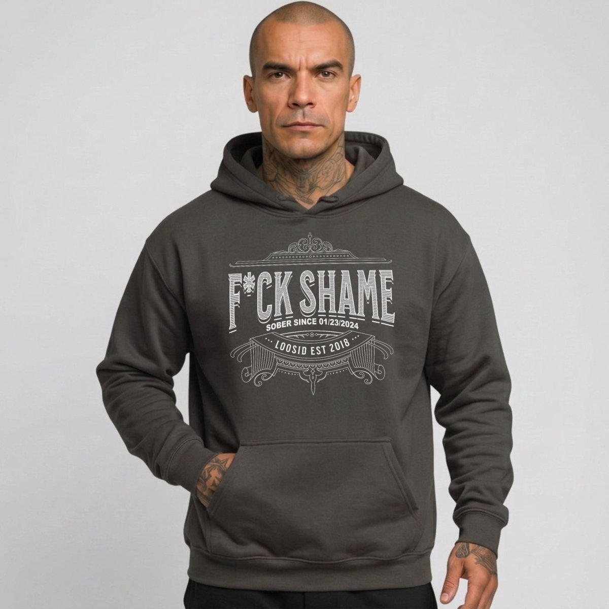 F*ck Shame Recovery Hoodie flat lay styled image (view 13)