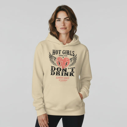 Hot Girls Don't Drink Custom Sobriety Date Recovery Hoodie flat lay styled image (view 43)