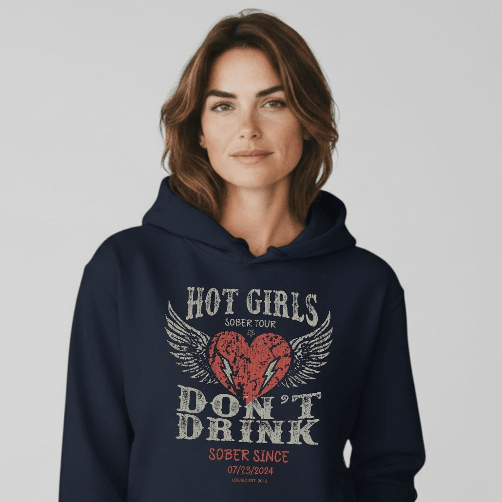 Hot Girls Don't Drink Custom Sobriety Date Recovery Hoodie close-up view (view 12)