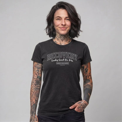 Recovery Looks Good On Me Women garment dyed Sober T Shirt back view (view 7)