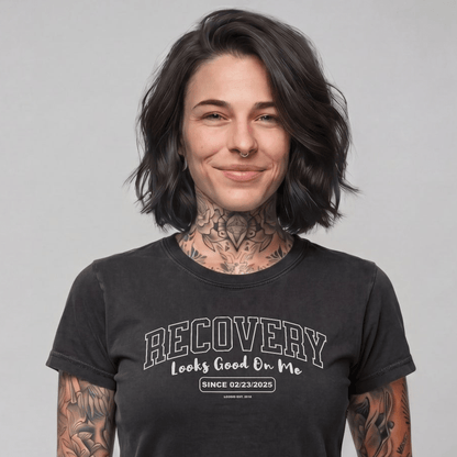 Recovery Looks Good On Me Women garment dyed Sober T Shirt side view (view 6)