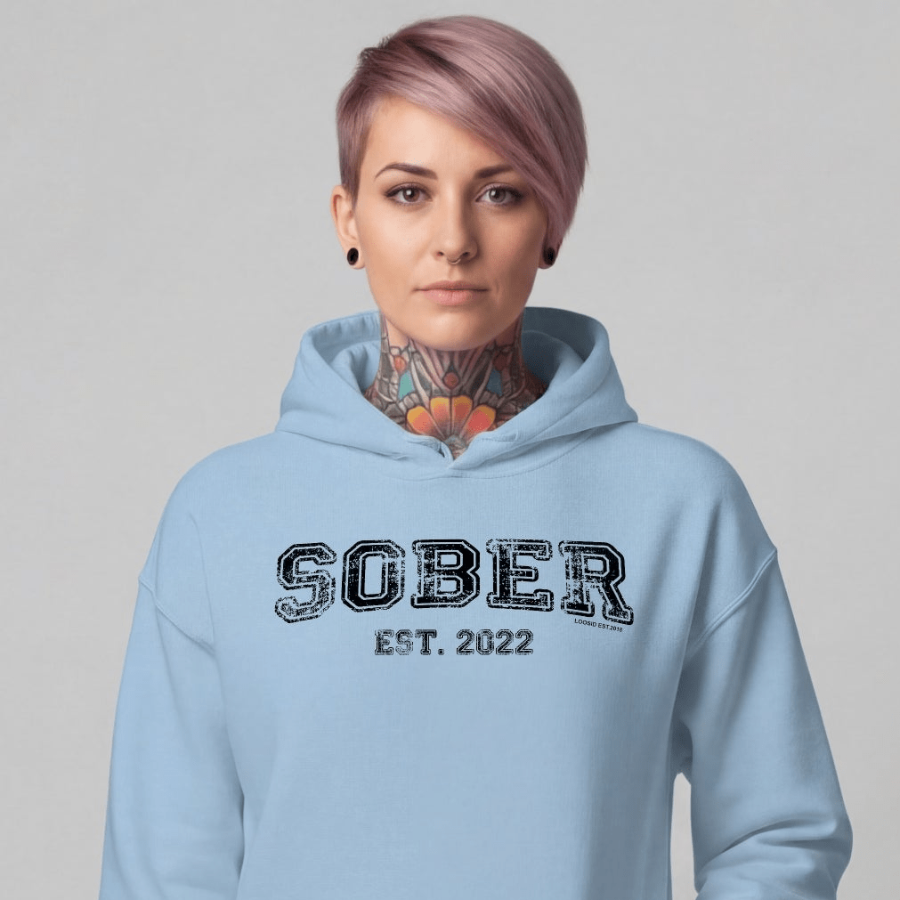 Sober Est. Hoodie w Personalized Sobriety Year Recovery Hoodie close-up view (view 22)