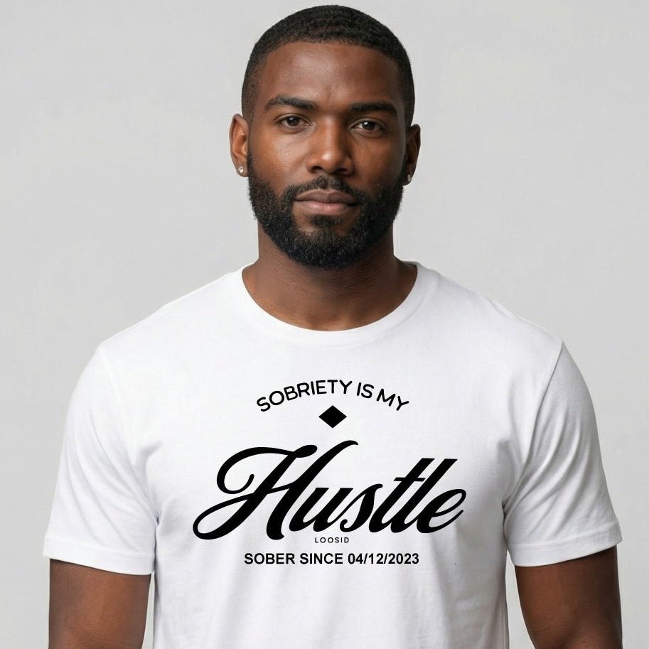 Hustle Men's Relaxed w Personalize Sober Date Sober T Shirt lifestyle view (view 15)